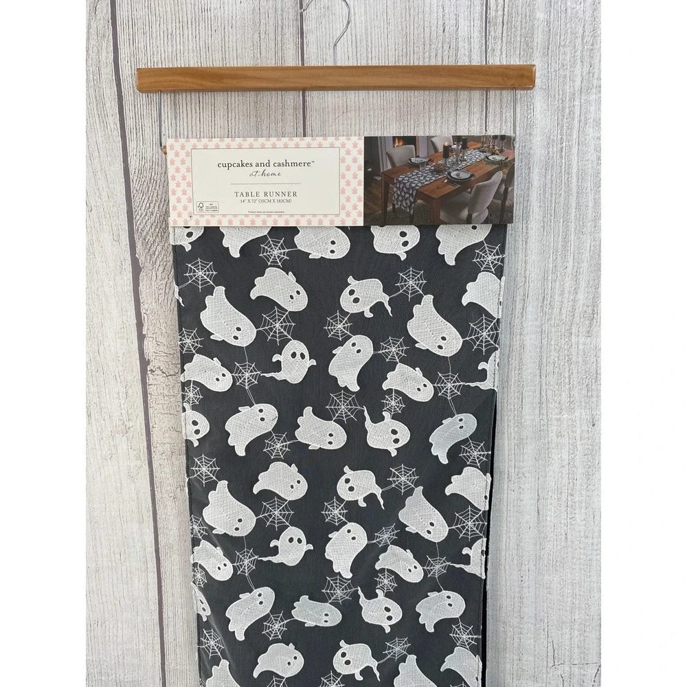 Cupcakes and Cashmere Table Runner Halloween 14x72 Black Ghost Spiderweb Mesh